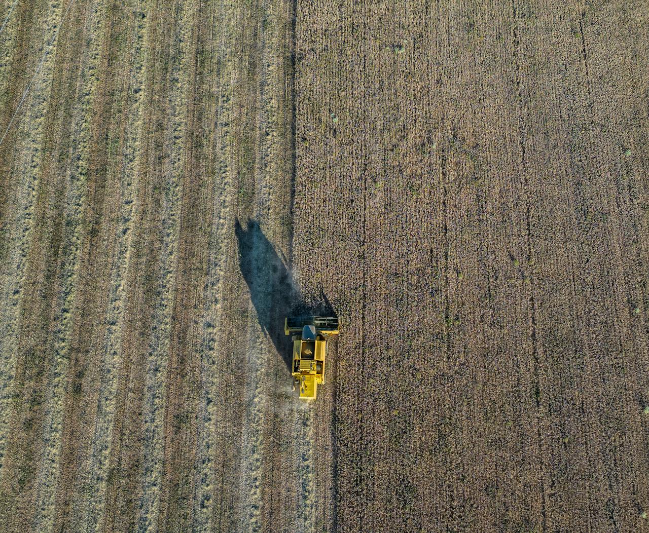 Drone image of a combine harvester working in a vast field during harvest season in Valladolid, Spain.